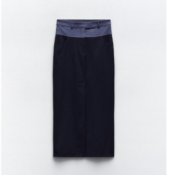 NWT ZARA CONTRASTING WAIST PENCIL SKIRT NAVY BLUE - Picture 3 of 5